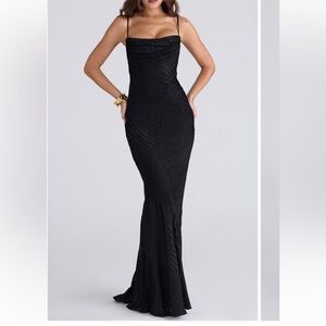 House of CB Nalani Satin Burnout Gown Dress Black Maxi Medium